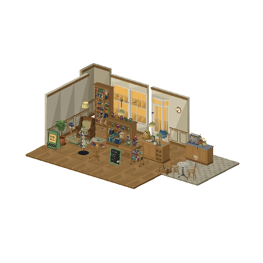 Low-poly 3D asset pack: Bookshop Interior (58 models)
